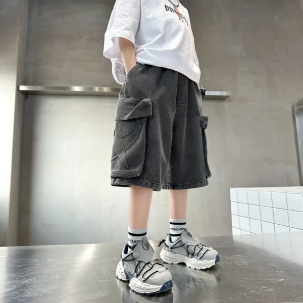 Loose Style Kids Child Summer Denim Cargo Shorts with Big Pocket For Teens Boy Knee Length Distressed Jeans Capris Pants 5-14 T - Image 5