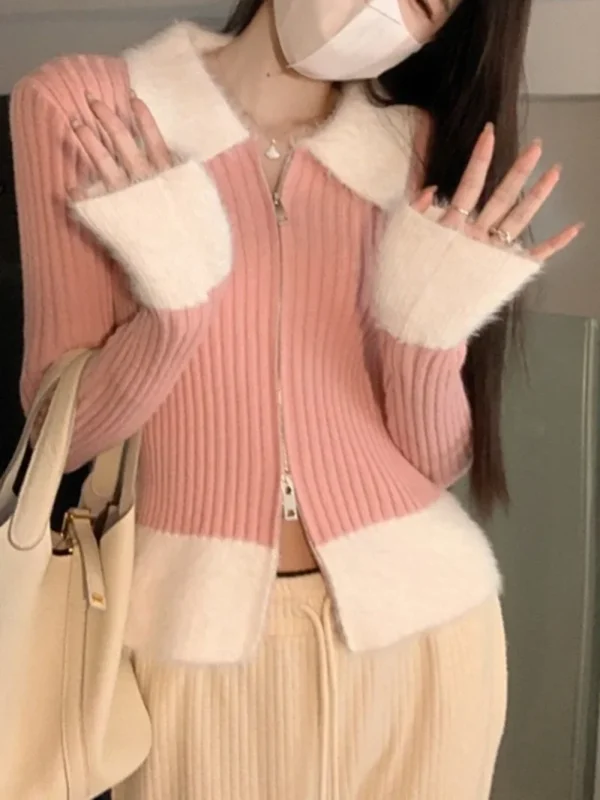 Vintage Fashion Zipper Fake Fur Callar Knitted Cardigans Solid Slim Long Sleeve Cropped Tops Y2K Sweet Jackets E-girl Streetwear - Image 6