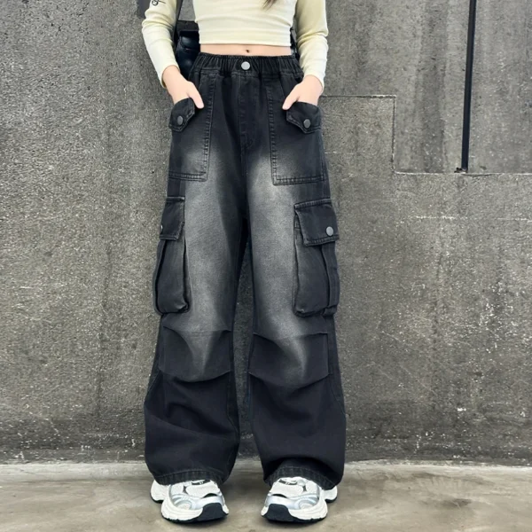 Kids Vintage Distressed Jeans with Pocket For Girls Y2K Fashion High Street Denim Pants Teens Child Baggy Cargo Jeans Trousers - Image 2