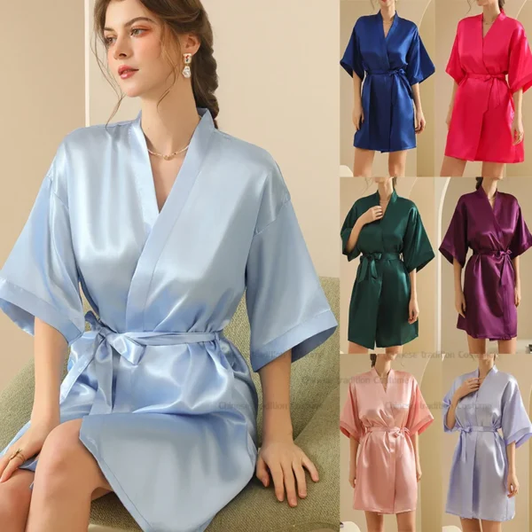 Sexy Robe Short Kimono Bride Bridesmaid Team Wedding Party Dress Ice Silk Pijama Mujer Summer Nightgown Leisure Lingerie