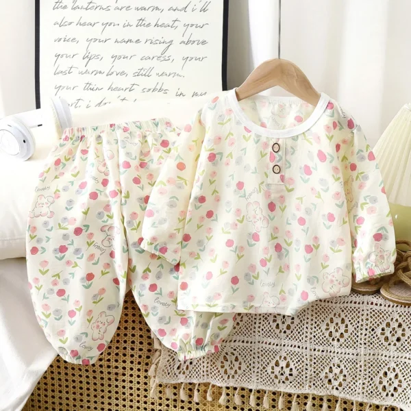 Kids Summer Thin Pajamas New 2025 Boys Girls Cute Cartoon Print Long Sleeve T-shirt + Pants Sleepwear Baby Casual Clothing Sets - Image 2