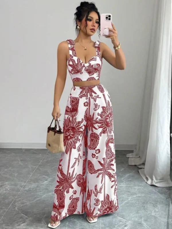 Two Piece Sets Women Pant Print Sling Tops High Waist Wide Leg Pants Drawstring Matching Sets Casual Backless Tops Summer 2025 - Image 5