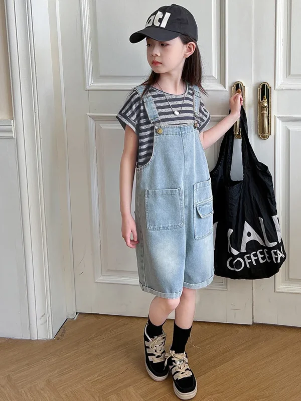 2025 Summer Kids Girls Overalls Jeans for Child deep blue Denim Jumpsuit Pockets short Teens lady Suspender Trousers 5 -14 Year - Image 5