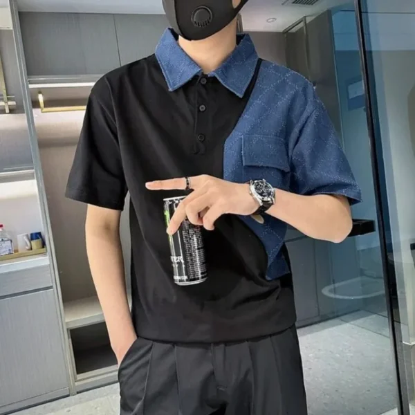 Men Clothing Korean Fashion Contrast Color Patchwork Polo Collar T Shirt Youth Summer Casual Short Sleeve Loose All Match Tops - Image 7