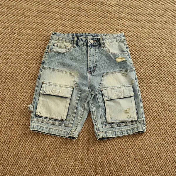Summer new popular denim medium pants fashion men high street trend baggy multi-pocket cargo quarter