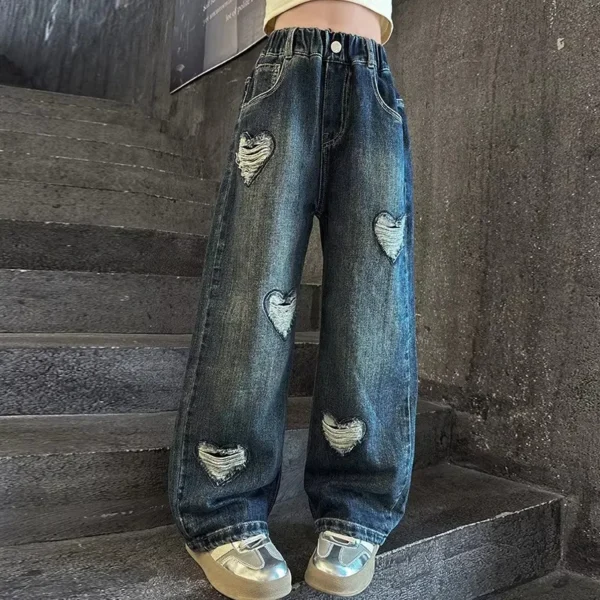 Korean Kids Ripped Jeans with Hearts For Teen Girl Fashion High Waist Teenager Ripped Denim Pants Long Trousers Age 5 To 14 Year