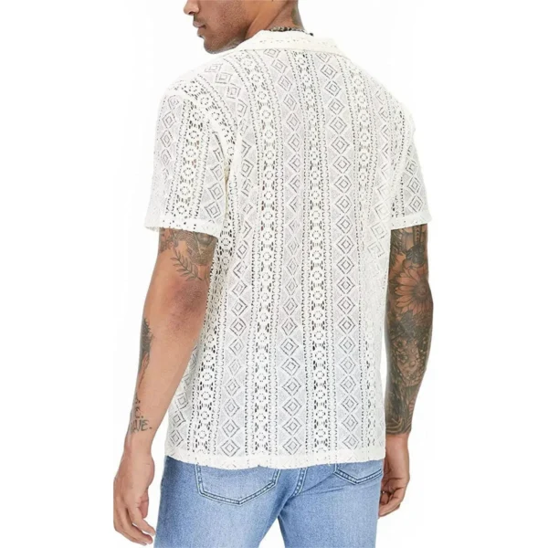 Fashionable New Men's Lace Short Sleeved Shirt with Floral Transparent Buttons Holiday Hollow Perspective Lining - Image 4