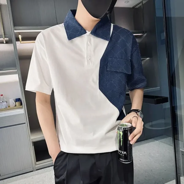 Men Clothing Korean Fashion Contrast Color Patchwork Polo Collar T Shirt Youth Summer Casual Short Sleeve Loose All Match Tops - Image 3