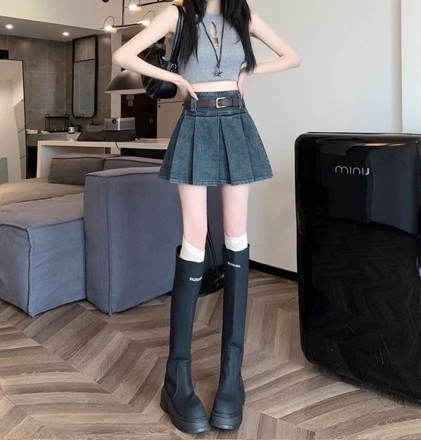 New design sense short skirt denim half skirt women's high waist versatile slim fit A-line skirt - with belt summer new - Image 6