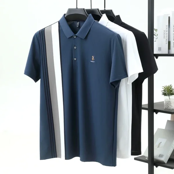 Personality Stripe Decoration Short Sleeve Polo Shirt Men's Summer High-end Brand Embroidery Trend T-shirt Youth Fashion New - Image 5