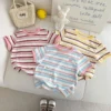 2025 Summer Children Girls Round Collar Top Korean Versatile Spliced Love Kids Girls TeesBaby Girls T-shirt Stripe Short Sleeve
