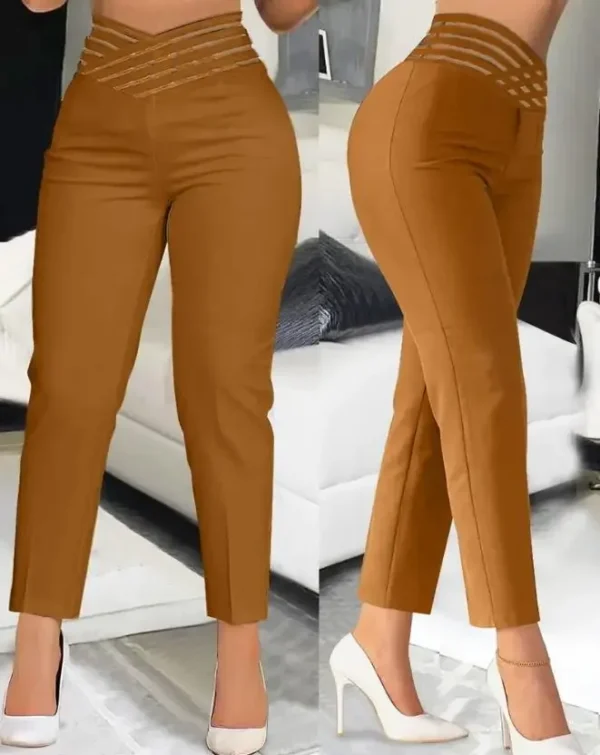 Women's Fashion Overlap Waist Hollow Out Work Pants 2024 Spring New Casual Sheer Mesh Ruched Elegant Office Lady Long Trousers
