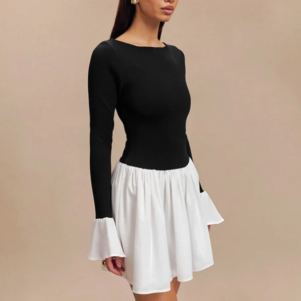 Women Autumn Short Dress Long Flared Sleeve Boat Neck Contrast Color Cocktail Dress - Image 3