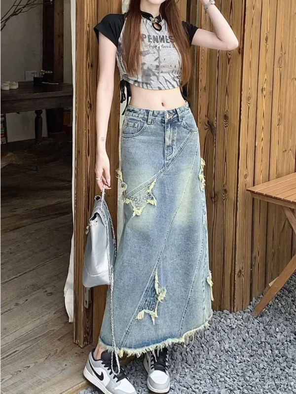Fashion Star Grapgic New Denim Long Skirt Women's Emo High Waist Maxi Skirt Korean Style Sexy Wrap Hip Midi Jeans Skirt Y2k Girl - Image 4