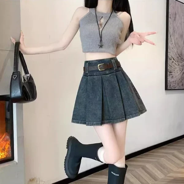 New design sense short skirt denim half skirt women's high waist versatile slim fit A-line skirt - with belt summer new - Image 3