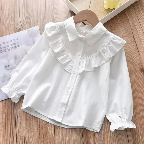 Korean Edition Long Sleeve Cotton Shirt Top White Student Shirt Lace Girls' Spring and Autumn Polo Neck Shirt Children's Solid