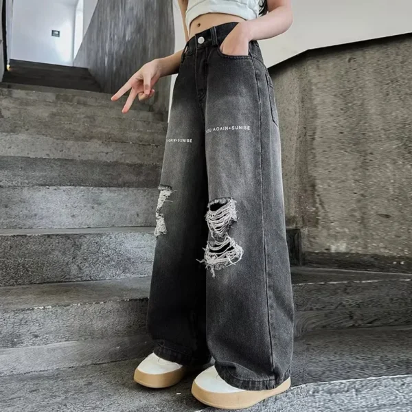 Fashion Girls Straight Fit Ripped Jeans With Hole Kids Destroyed Denim Trousers For Teens High Street Style Broken Jeans Wear - Image 4