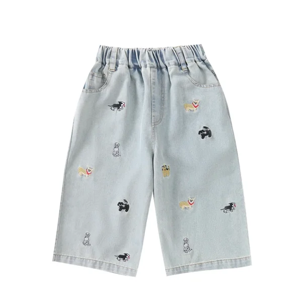 New Girls Mid-Calf Denim Kids Capris Teen Girls Casual Cropped Jeans With Cute Puppy Embroidery Design Teenage Shorts Ages 4-14Y