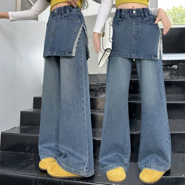 Girls' Wide-leg Denim Pants Vintage Slit Straight-leg Long Pants Suitable for Teens School, Casual, and Everyday Wear - Image 5