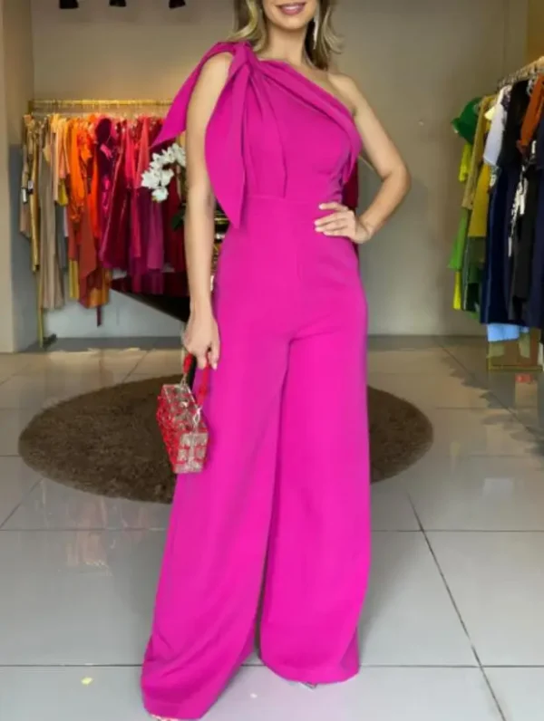 Single Shoulder Lace Up Detail Bow Jumpsuit Summer Women's Elegant Solid Color Slanted Neck High Waist Wide Leg Jumpsuit