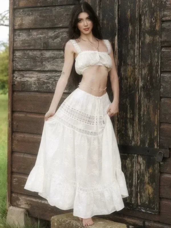 Women‘s Casual 2 Piece Sets Bandage Sleeveless Crop Top See Through Lace Up A Line Maxi Dress Holiday Party Lady Outfits - Image 5