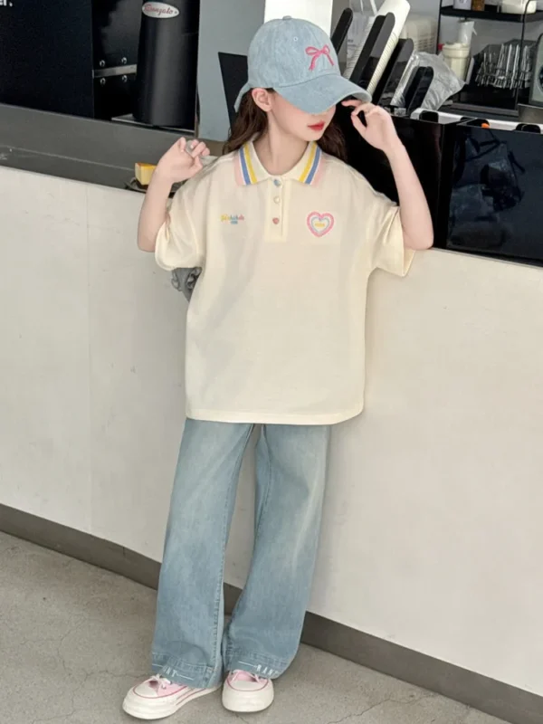 Girls' Summer Set, Short Sleeve Denim Pants 2-piece Set, POLO Shirt, Suitable for Teen Daily Wear, Children's Summer Clothing - Image 4