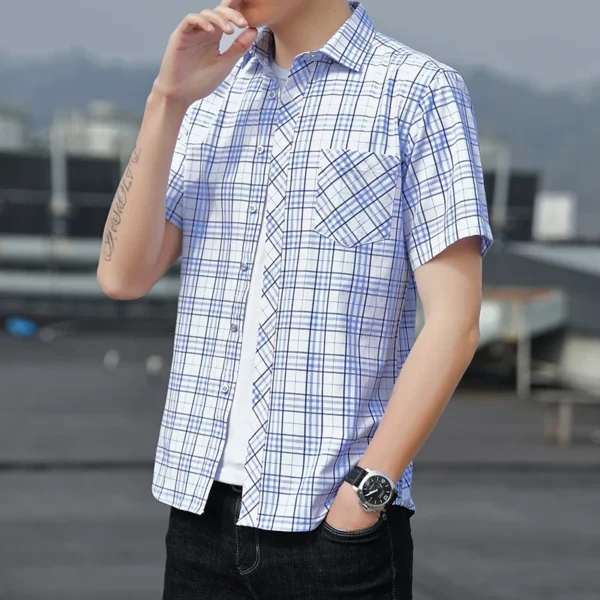 Large Size 5XL Men Checkered Stripe Short Sleeved Shirt Fashion Male Business Casual Lapel Shirt Slim Fit Top - Image 6