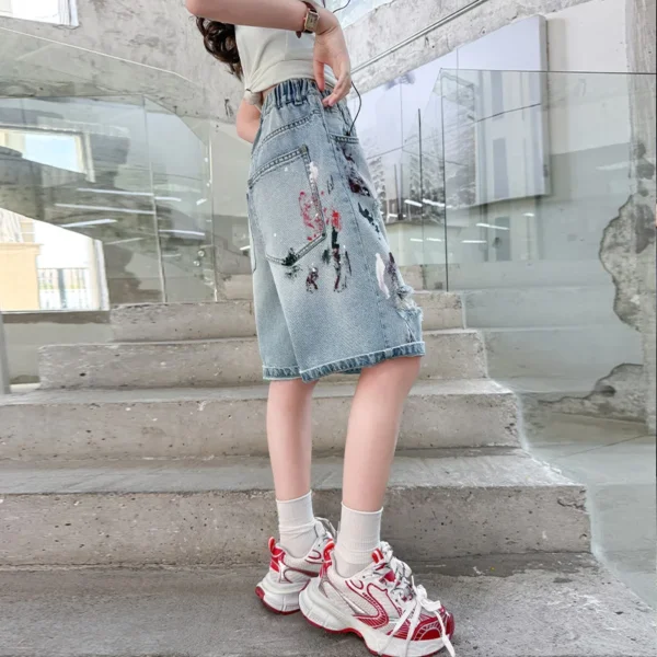Summer New Arrival Kids Girls Ripped Denim Shorts with Drawings Teens Child Fashion Broken Hole Mid Calf Capris Jeans Age 5-14T - Image 5