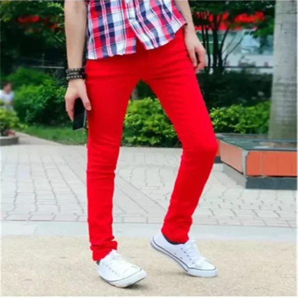 Hot Fashion Summer Solid Cotton Jeans Men Red Teenagers Pantalon Homme Skinny Male Leisure Boy Sweatpants Hombre Two Color MN5 - Image 5