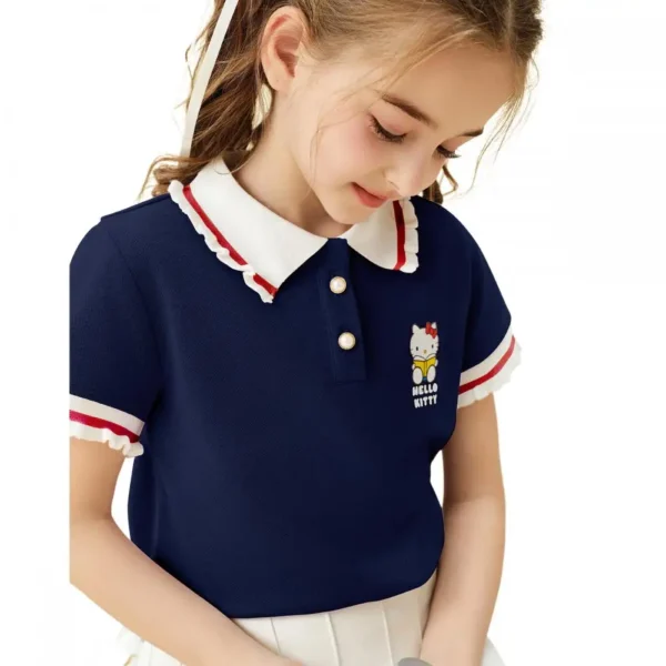 Kawaii Sanrio Hello Kitty Girls Polo Shirt Summer Cartoon 3-14Y Short Sleeve Fashion Breathable T-Shirt Child Sweatshirt Tops - Image 5
