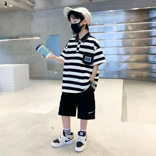Cotton Polo T-shirt Children's Clothing From 3 To 4 Boys Rash Guard Set Korean 2025 Summer Junior Top and Bottom Clothes Kids - Image 2
