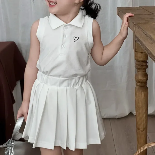 6042 Girl's Suit 2025 Summer New Children's Sports Polo Shirt Set Girls' Love Embroidered Lapel Shirt+Pleated Skirt 2PC Suit - Image 2