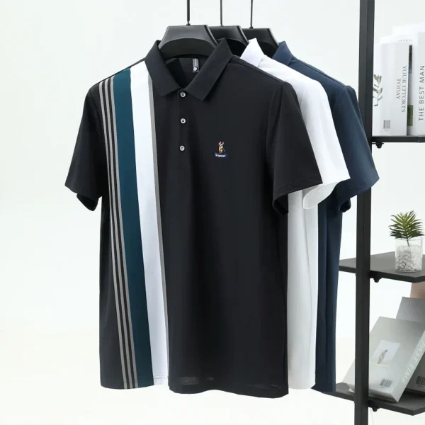 Personality Stripe Decoration Short Sleeve Polo Shirt Men's Summer High-end Brand Embroidery Trend T-shirt Youth Fashion New - Image 4