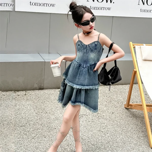 Teen Girls Denim Dresses Summer Sleeveless One-Piece Clothes Kids Jumpsuit Overalls Solid Color Dress Fashion Children's Costume - Image 6