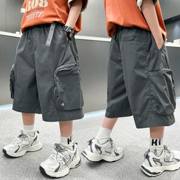 New Summer Kids Child Cropped Capris Cargo Shorts with Side Pocket for Teen Boy Loose Straight Mid Calf Length Pants Age 5-14 Y