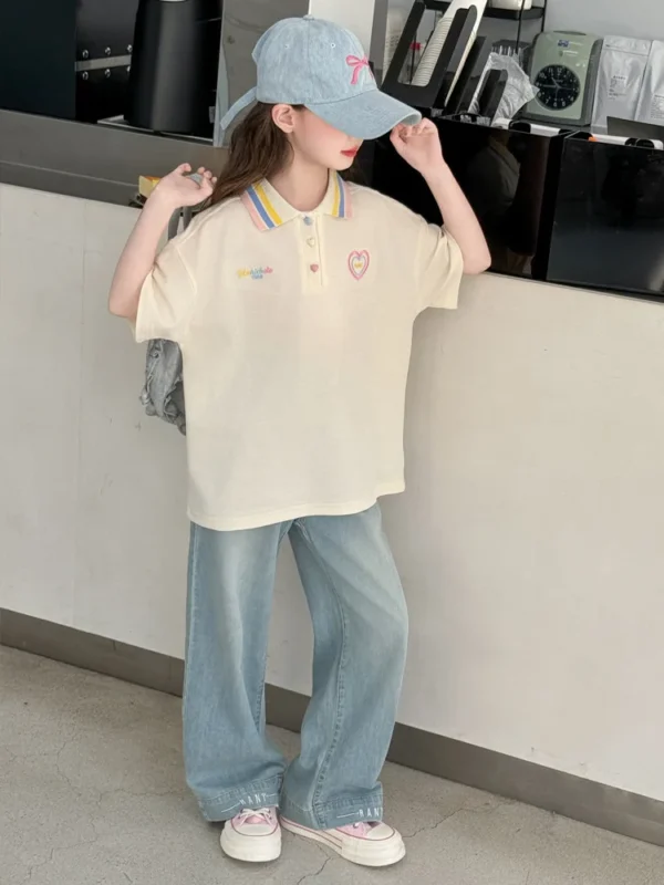 Girls' Summer Set, Short Sleeve Denim Pants 2-piece Set, POLO Shirt, Suitable for Teen Daily Wear, Children's Summer Clothing - Image 5