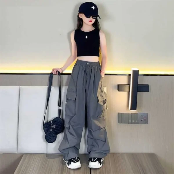 Trousers High Waist Vintage Casual Streetwear Baggy Pants 5-14Y Kids Hip Hop Joggers Pants Girls Cargo Pants Teenage Straight - Image 4