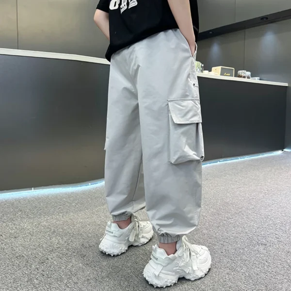 Kids Summer Design Thin Style Cotton Cargo Tapered Pants For Teen Boy Casual Pocket Jogger Trousers Child Solid Color Sweatpants - Image 3