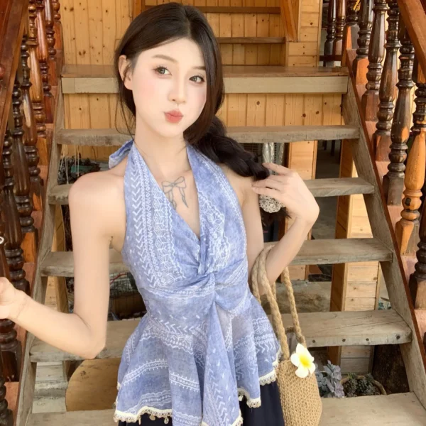 Women Summer Halter Neck Sleeveless Backless Blouse Top Lace Trim Boho Peplum Camisole Elegant Holiday Beachwear Korean Style - Image 4
