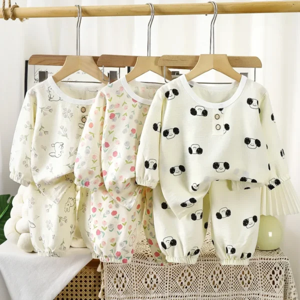 Kids Summer Thin Pajamas New 2025 Boys Girls Cute Cartoon Print Long Sleeve T-shirt + Pants Sleepwear Baby Casual Clothing Sets