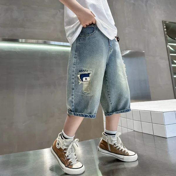 Kids Summe Ripped Denim Shorts for Teens Boy High Fashion Jeans Capris with Hole Children Stylish Mid Calf Pants 5 7 9 11 13 14Y - Image 5