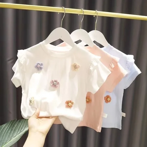 2024 New Summer Girls T-shirt New Children's Baby Cute Lace Short-sleeved Top Little Girl Cotton Bottoming Shirt