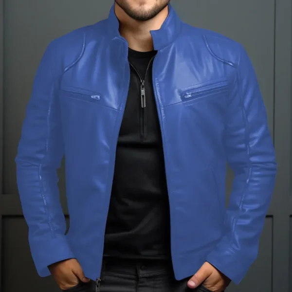Men's Biker Leather Jacket Stand-up Collar Punk Leather Jacket Men - Image 6