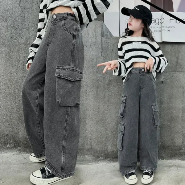 New 2025 Girls Vintage Big Pocket Jeans Long Trousers Kids Loose Wide Leg Denim Cargo Pants Teen Spring Autumn Casual Clothing - Image 3