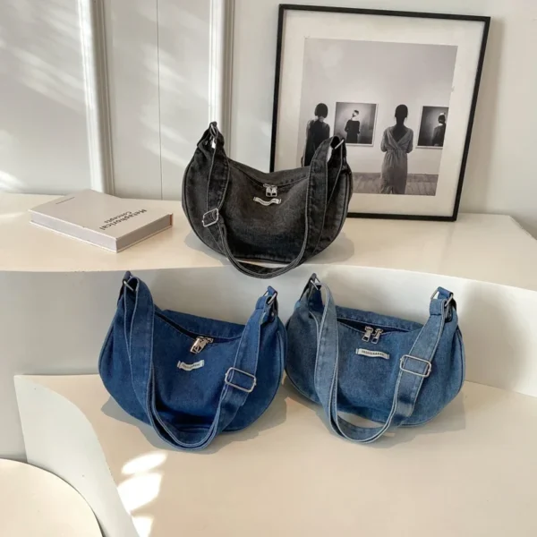 Denim Zipper Ladies Shoulder Bags Casual Sewing Thread 2024 Hot Sale Crescent Crossbody Bags for Women Bolsas Femininas - Image 5