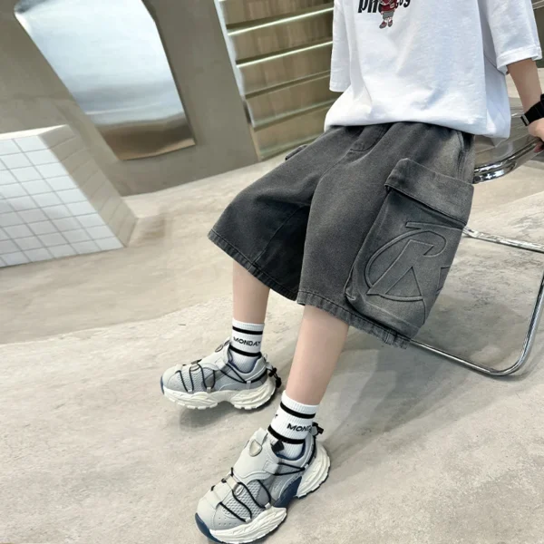Loose Style Kids Child Summer Denim Cargo Shorts with Big Pocket For Teens Boy Knee Length Distressed Jeans Capris Pants 5-14 T - Image 4