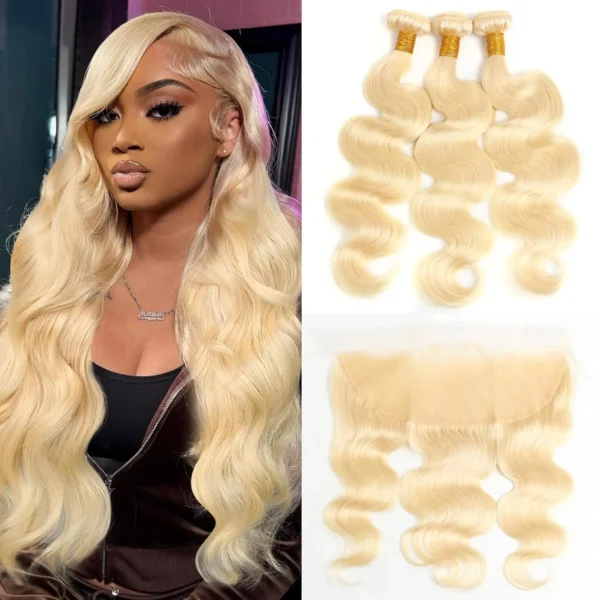 613 Blonde Body Wave Bundle Human Hair with Frontal 100% Unprocessed Virgin Human Hair Weave Extensions with 13x4 Transparent La
