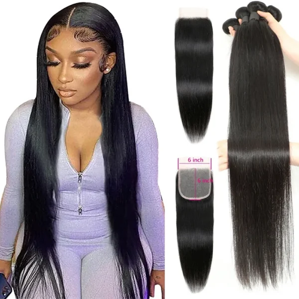 6X6 Lace Closure With 30 40 Inch Human Hair Bundles With Straight Brazilian Weave 3 Bundles With Closure Remy Hair
