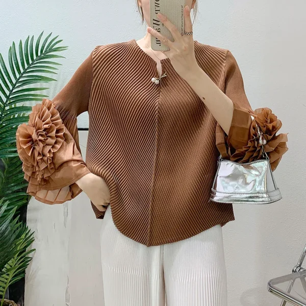 Miyake Pleated Applique Solid Colour Women's Tops 2025 Summer New Premium Sense Fashion Casual Loose Peplum T-Shirt ALSEY - Image 3