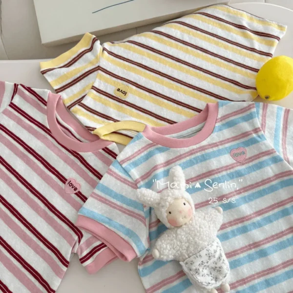 2025 Summer Children Girls Round Collar Top Korean Versatile Spliced Love Kids Girls TeesBaby Girls T-shirt Stripe Short Sleeve - Image 3